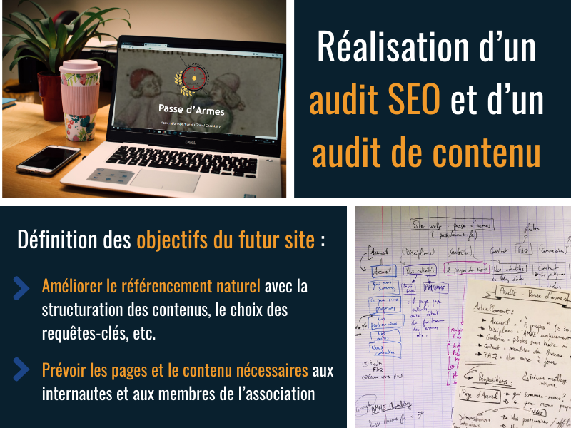 Image avec deux photos qui présentent un ordinateur portable et des documents de travail afin d'illustrer les audits SEO et de contenu du site web sportif. 